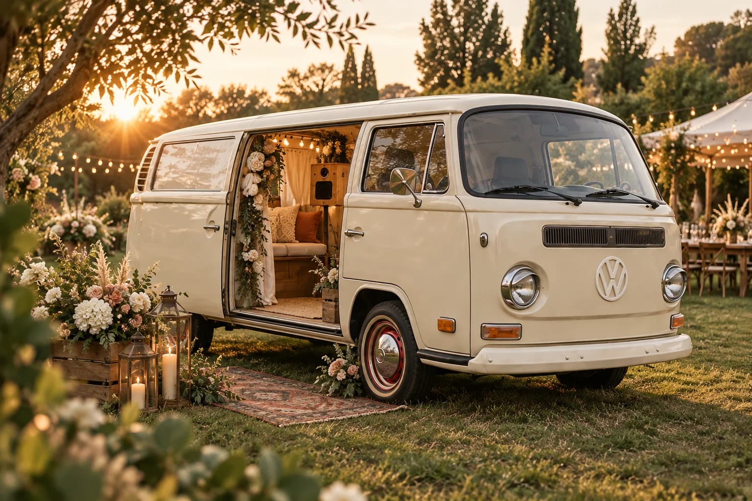 Fotobus Volkswagen T2 w ogrodzie